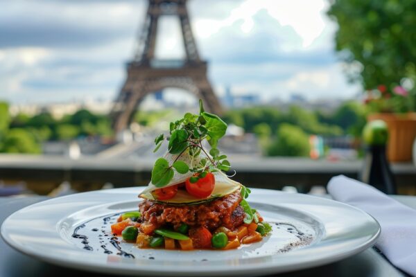 In this delightful presentation, a chef exhibits a luscious plate of Ratatouille, set against the picturesque backdrop of the Eiffel Tower in Paris. Skillfully captured with a Fujifilm X-T4 camera and a 35mm f/1.4 lens, this photo is showcased in full HD, 8k resolution, highlighting the vibrant, vegetable-infused flavors of the Ratatouille and the enchanting atmosphere of Paris. The bokeh effect contributes a touch of sophistication to the scene, while the depth of field underscores the harmonious and wholesome qualities of this beloved French dish. Whether enjoyed in a quaint cafÃ© in Saint-Germain-des-PrÃ©s or a family-owned brasserie, Ratatouille is a culinary masterpiece that mirrors the heart of French gastronomy. --ar 3:2 --v 6 Job ID: f4d8fc84-6458-4967-9334-7e98cba7d997